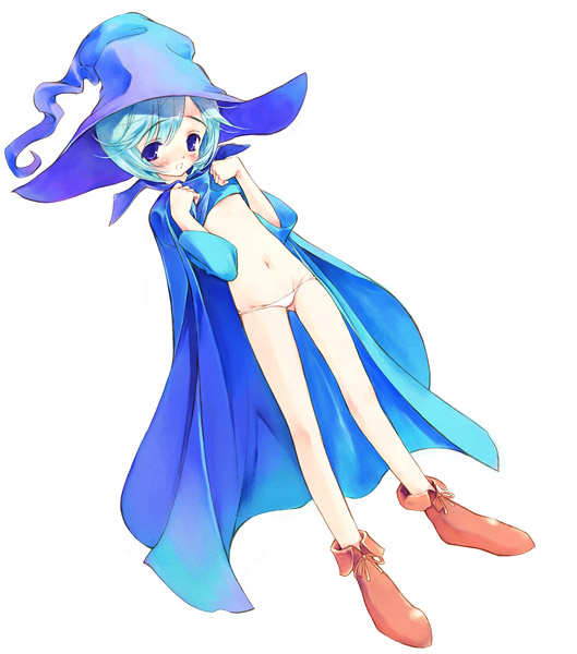sumi keiichi, schierke (berserk), berserk, duplicate, 1990s (style), 1girl, aqua hair, blue eyes, blue hat, cape, clothes lift, dress, dress lift, female focus, full body, groin, hat, loli, lowleg, lowleg panties, midriff, panties, retro artstyle, simple background, solo, underwear, white background, witch