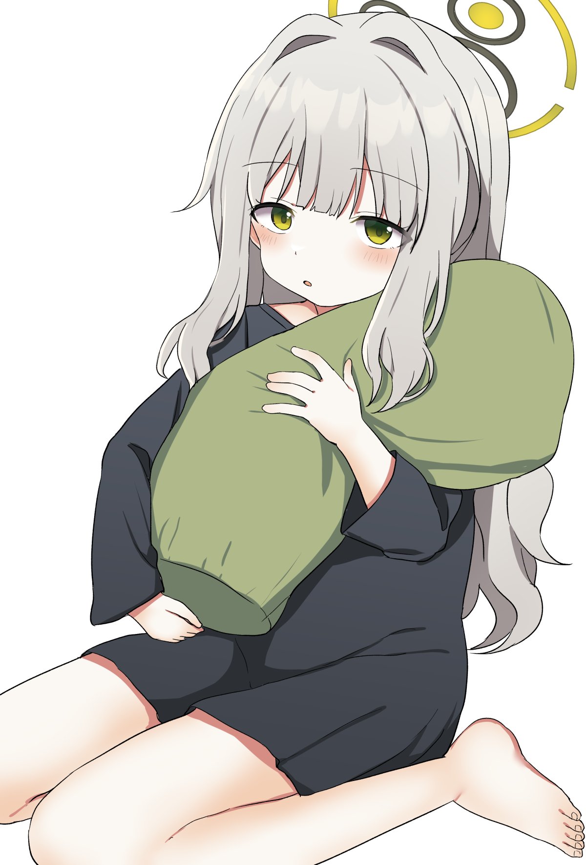 tonari (ichinichime azuma), hare (blue archive), blue archive, highres, 1girl, barefoot, blush, green eyes, grey hair, holding, holding pillow, hugging object, long hair, long sleeves, looking at viewer, parted lips, pillow, pillow hug, sitting, solo, striped background, very long hair, wariza, white background