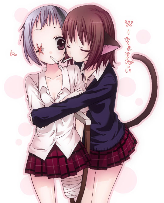 bikko, original, translated, 2girls, amputee, animal ears, bandages, black hair, brown eyes, brown hair, cat ears, cat tail, cigarette, closed eyes, crutch, grey hair, hug, hug from behind, long sleeves, miniskirt, multicolored hair, multiple girls, one-eyed, one ear, plaid clothes, plaid skirt, pleated skirt, scar, scar across eye, scar on face, school uniform, serafuku, short hair, skirt, smoking, tail, two-tone hair