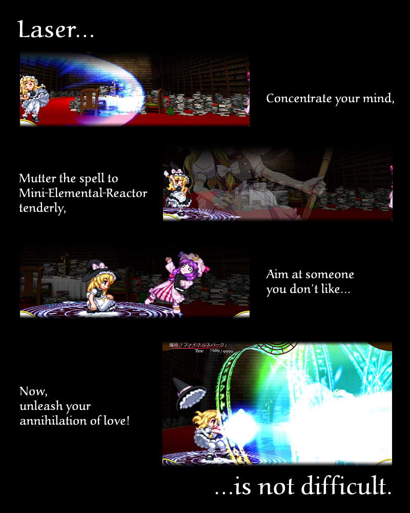 alphes, kirisame marisa, patchouli knowledge, immaterial and missing power, touhou, 2girls, black theme, blonde hair, book, dark, english text, engrish text, female focus, hat, laser, lesson, library, magic circle, master spark, multiple girls, ranguage, touhou user interface, voile, witch hat