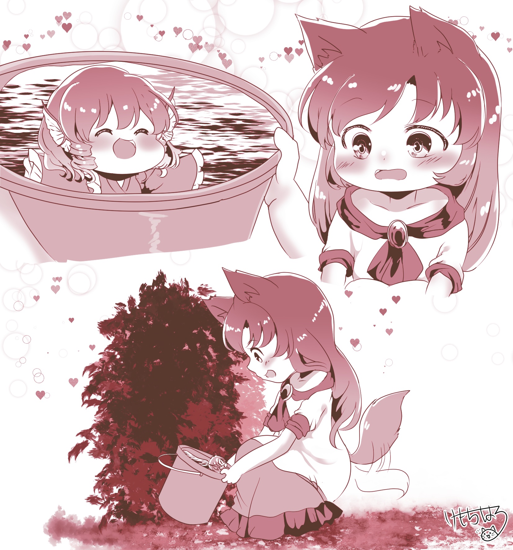 kemo chiharu, imaizumi kagerou, wakasagihime, gake no ue no ponyo, touhou, commentary request, highres, 2girls, animal ears, blush, bucket, drill hair, drill sidelocks, full body, heart, in bucket, in container, long hair, looking at another, mermaid, mini person, minigirl, monochrome, monster girl, multiple girls, open mouth, red theme, shirt, sidelocks, skirt, smile, tail, tail wagging, water, wolf ears, wolf girl, wolf tail