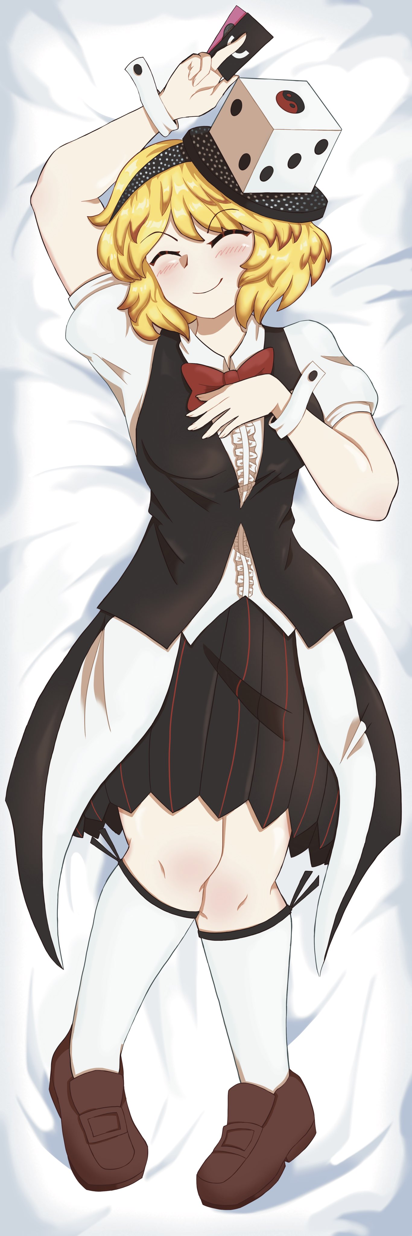 gzpxllztt, xeno a, len'en, absurdres, bad id, bad twitter id, highres, 1girl, androgynous, black skirt, black vest, blonde hair, bow, bowtie, breasts, brown shoes, card, closed eyes, collared shirt, dakimakura (medium), dice hair ornament, eye of senri, genderswap, genderswap (otf), hair ornament, holding, holding card, kneehighs, light blush, pleated skirt, red bow, red bowtie, shirt, shoes, skirt, smile, socks, solo, vest, white shirt, white socks, white wrist cuffs, wrist cuffs, yin yang, yin yang print