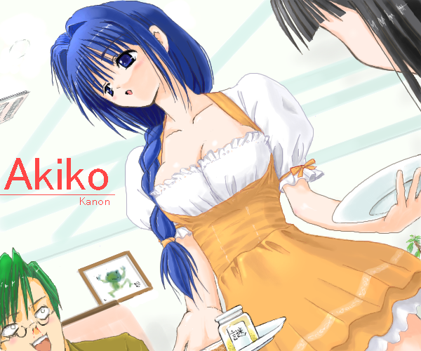 kuhonbutsu taishi, minase akiko, comic party, kanon, 00s, 1boy, 2girls, blood, hair intakes, jam, multiple girls, nosebleed, waitress