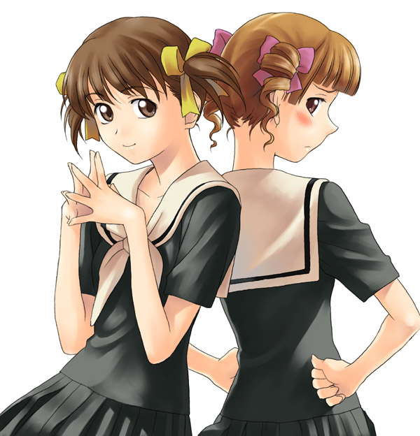 fukuzawa yumi, matsudaira touko, maria-sama ga miteru, 00s, 2girls, back-to-back, blunt bangs, multiple girls, school uniform, serafuku, simple background, white background
