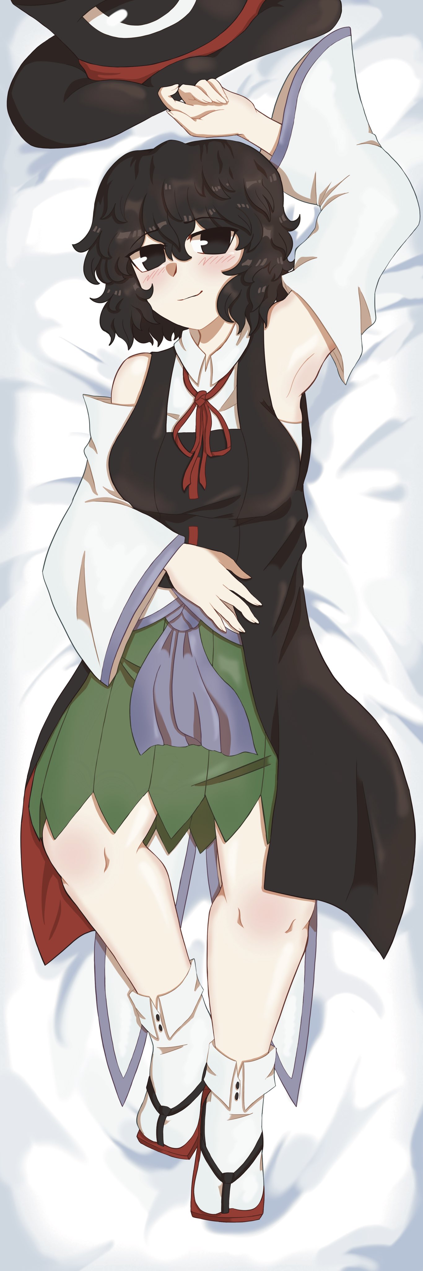 gzpxllztt, enraku tsubakura, len'en, absurdres, highres, 1girl, androgynous, armpits, black eyes, black hair, black hat, black vest, breasts, collared socks, dakimakura (medium), detached sleeves, eye of senri, eye on hat, full body, genderswap, genderswap (otf), green skirt, hat, light frown, lying, pleated skirt, red ribbon, ribbon, sandals, shirt, skirt, smile, socks, solo, top hat, vest, white shirt, white socks