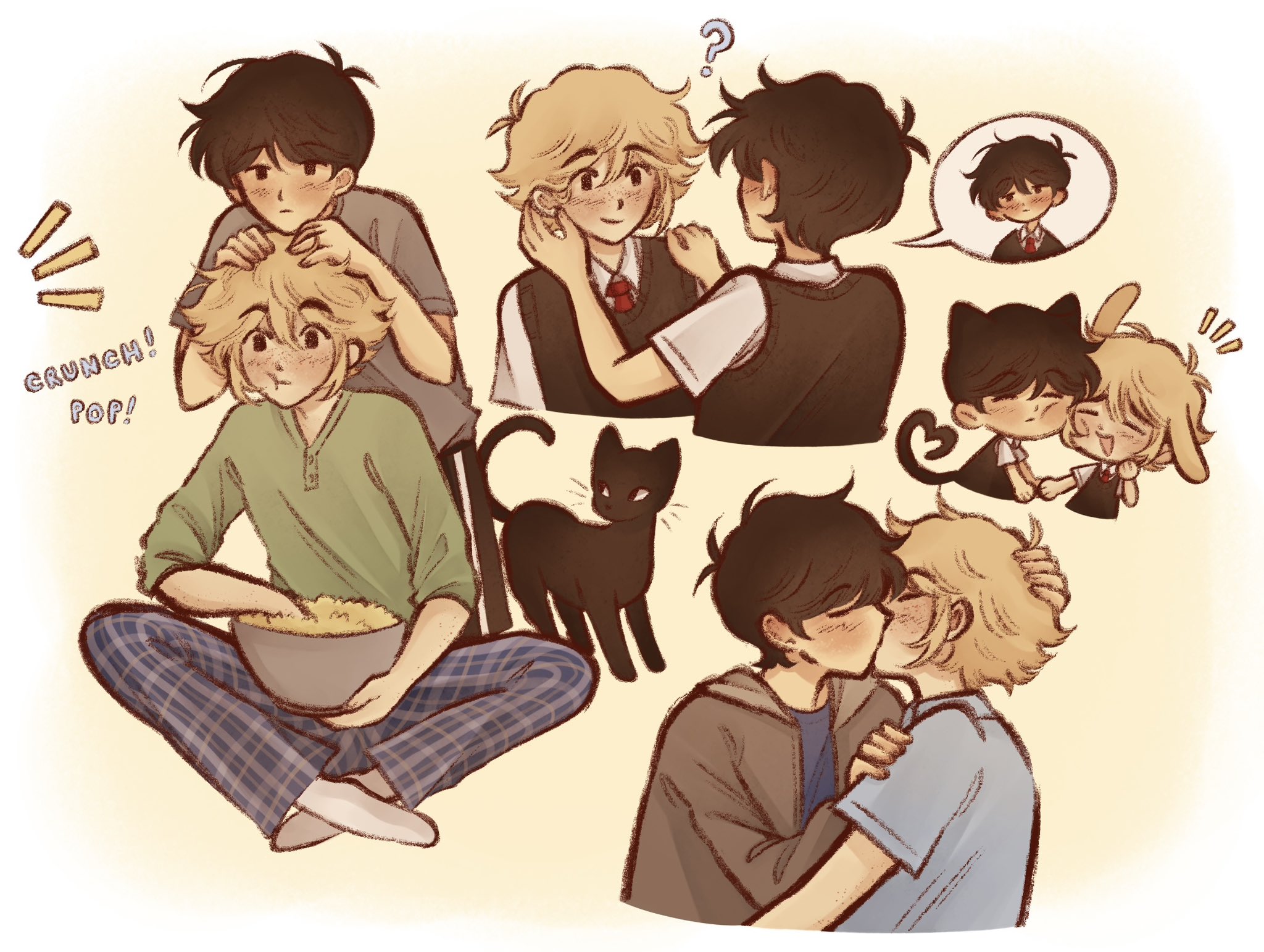 ginakusgf, basil (faraway) (omori), basil (omori), mewo, sunny (omori), omori, highres, 2boys, ?, alternate costume, alternate eye color, animal ears, antenna hair, black eyes, black hair, black sweater vest, blonde hair, blue shirt, bowl, cat, cat ears, cat tail, chibi, closed eyes, closed mouth, collared shirt, english text, flannel, green shirt, grey hoodie, grey shirt, heart, heart tail, holding, holding bowl, hood, hoodie, kemonomimi mode, kiss, male focus, multiple boys, necktie, open mouth, pajamas, rabbit ears, red necktie, shirt, short hair, short sleeves, speech bubble, spoken character, sweater vest, tail, white shirt, yaoi