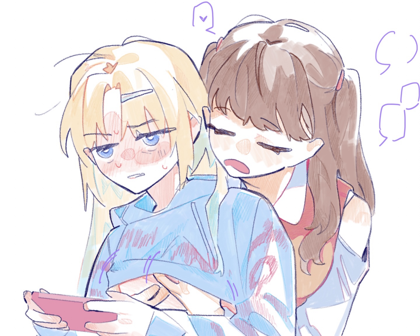 pipi (m1x mix), fujishima megumi, fujishima megumi (winter loungewear), osawa rurino, osawa rurino (winter loungewear), link! like! love live!, love live!, commentary, symbol-only commentary, 2girls, blank speech bubble, blonde hair, blue hair, blue hoodie, brown hair, cellphone, clothes lift, colored speech bubble, grabbing another's breast, grabbing from behind, gradient hair, groping, hair down, hair ornament, hairclip, heart, holding, holding phone, hood, hoodie, hoodie lift, lifting another's clothes, long hair, long sleeves, mira-cra park!, multicolored hair, multiple girls, official alternate costume, parted bangs, parted lips, phone, smartphone, speech bubble, spoken heart, sweat, two side up, virtual youtuber, yuri