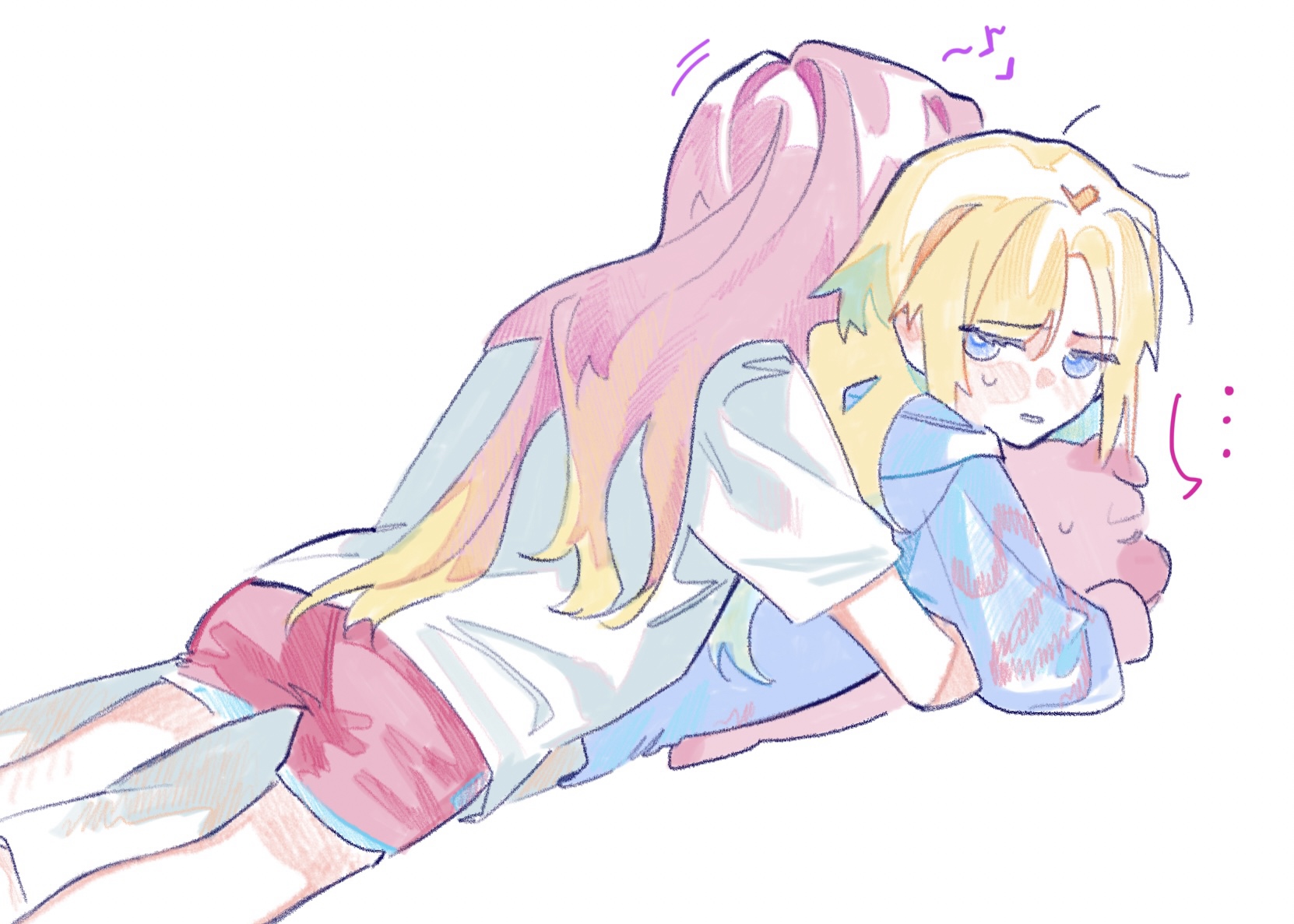 pipi (m1x mix), anyoji hime, anyoji hime (summer loungewear), osawa rurino, osawa rurino (winter loungewear), link! like! love live!, love live!, commentary, highres, symbol-only commentary, …, 2girls, blonde hair, blue hair, colored speech bubble, eighth note, gradient hair, hug, hug from behind, jitome, long hair, long sleeves, lying, mira-cra park!, multicolored hair, multiple girls, musical note, official alternate costume, on person, on stomach, pants, pink hair, pink shorts, short shorts, shorts, simple background, speech bubble, spoken ellipsis, stuffed animal, stuffed dog, stuffed toy, very long hair, virtual youtuber, white background, white pants, yuri