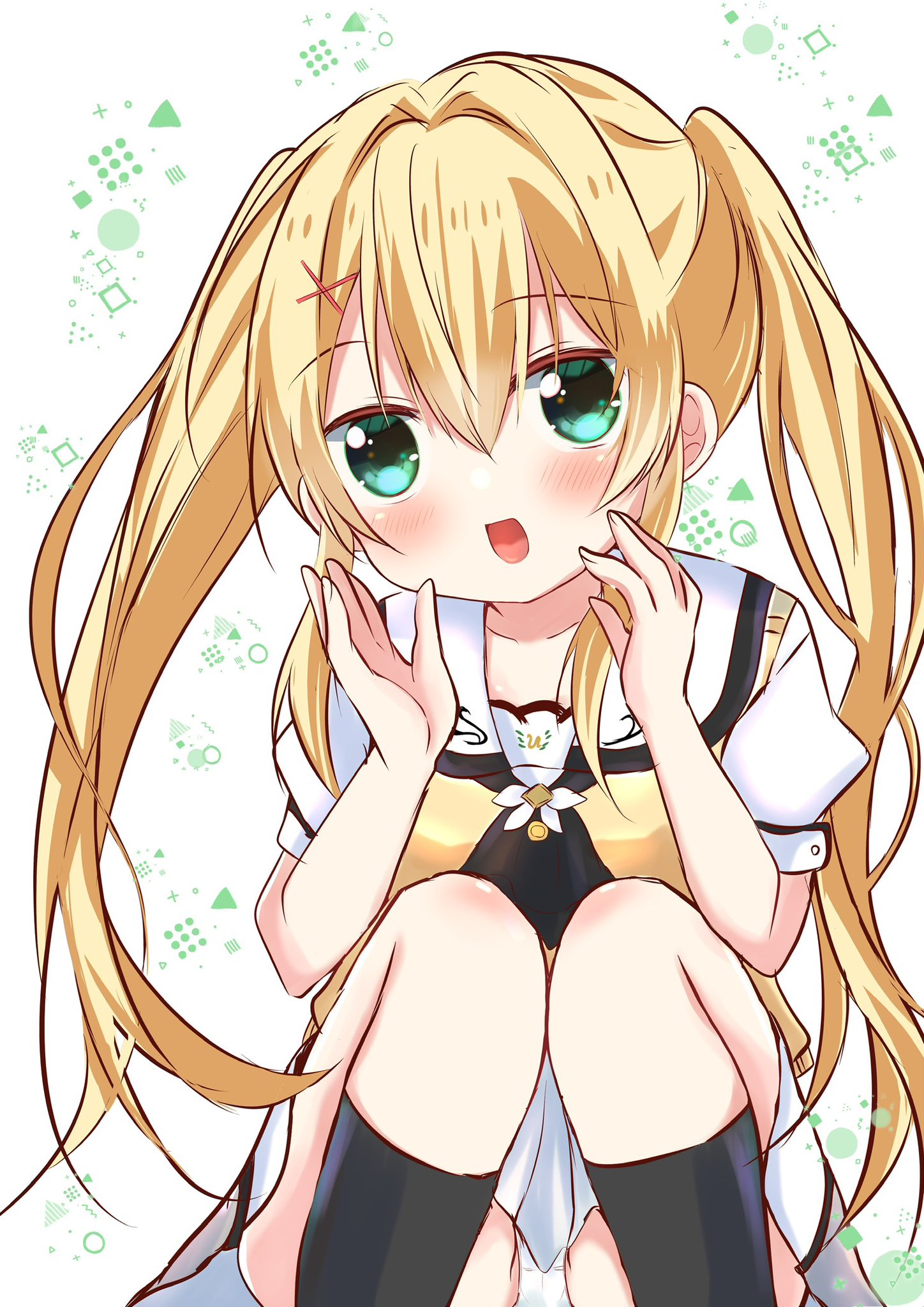 tsumugi wenders, summer pockets, commentary request, highres, 1girl, :d, ascot, black ascot, black socks, blonde hair, blush, feet out of frame, green eyes, hair between eyes, hair intakes, hair ornament, hands up, happy, kneehighs, knees together feet apart, knees up, long hair, looking at viewer, miniskirt, mumusubisan0704, open mouth, panties, puffy short sleeves, puffy sleeves, sailor collar, school uniform, serafuku, shirt, short sleeves, sidelocks, simple background, skirt, smile, socks, solo, squatting, summer pockets school uniform, sweater vest, twintails, underwear, very long hair, white background, white panties, white sailor collar, white serafuku, white shirt, white skirt, x hair ornament, yellow sweater vest