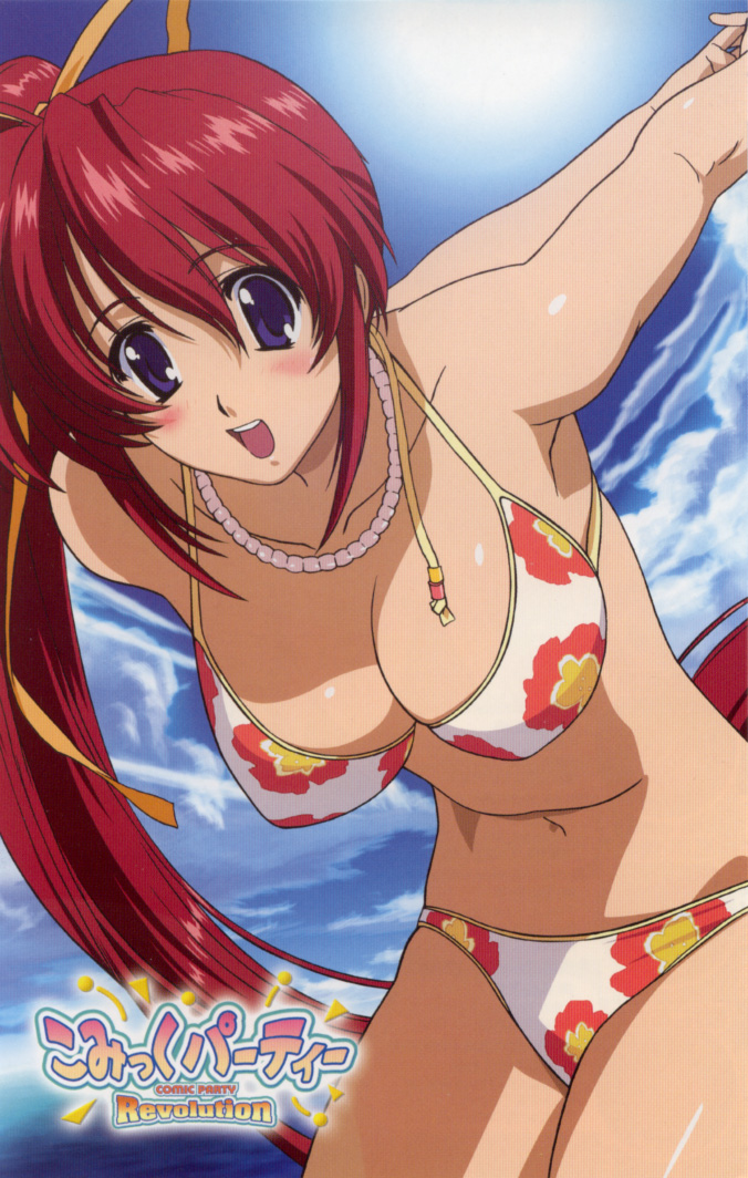 yanagisawa masahide, takase mizuki, comic party, 00s, 1girl, arms behind back, bikini, blue eyes, blush, bow, breasts, cleavage, cloud, cowboy shot, day, female focus, jewelry, large breasts, long hair, necklace, open mouth, ponytail, red hair, side ponytail, smile, solo, stretching, string bikini, swimsuit, very long hair, yellow bow