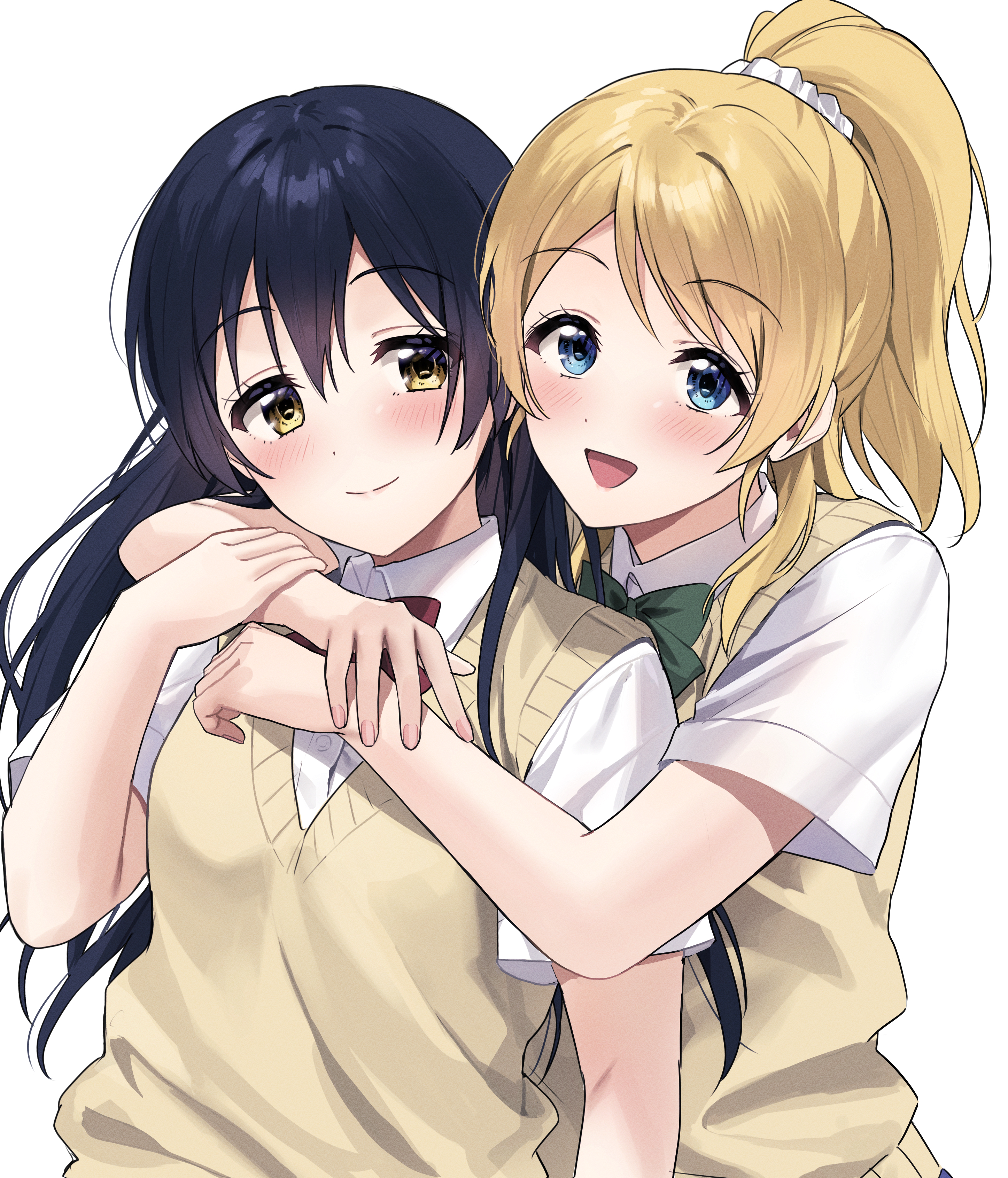 nanatsu no umi, ayase eli, sonoda umi, love live!, love live! school idol project, absurdres, highres, 2girls, arms around neck, behind another, blonde hair, blue eyes, blue hair, blush, bow, bowtie, closed mouth, collared shirt, green bow, green bowtie, long hair, looking at another, looking at viewer, multiple girls, open mouth, otonokizaka school uniform, ponytail, red bow, red bowtie, school uniform, shirt, short sleeves, simple background, smile, summer uniform, sweater vest, upper body, white background, white shirt, yellow eyes, yellow sweater vest, yuri