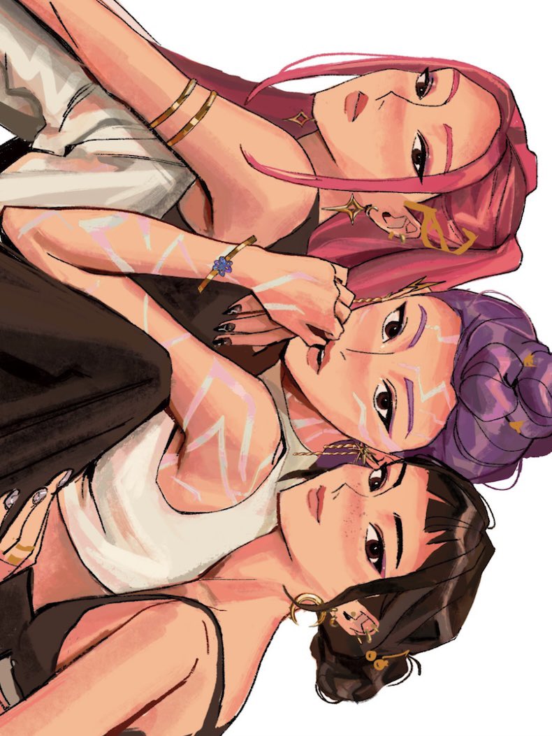 mira (kpop demon hunters), rumi (kpop demon hunters), zoey (kpop demon hunters), kpop demon hunters, commentary, english commentary, 3girls, armlet, black hair, bracelet, braid, braided ponytail, brown eyes, double bun, earrings, facial mark, freckles, hair bun, jewelry, long hair, looking at viewer, multiple girls, pink hair, purple hair, rikky yn, sidelocks, simple background, smile, upper body, white background