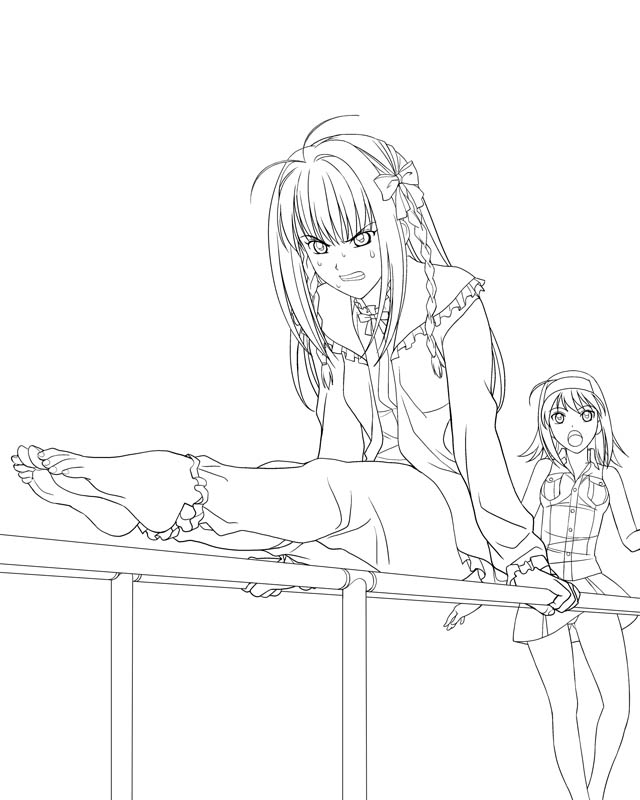 a1 (initial-g), suzumiya akane, suzumiya haruka, kimi ga nozomu eien, toe-point, 2girls, barefoot, feet, greyscale, gym, gymnastics, legs, lineart, monochrome, multiple girls, pajamas, parody, plantar flexion, soles, toes
