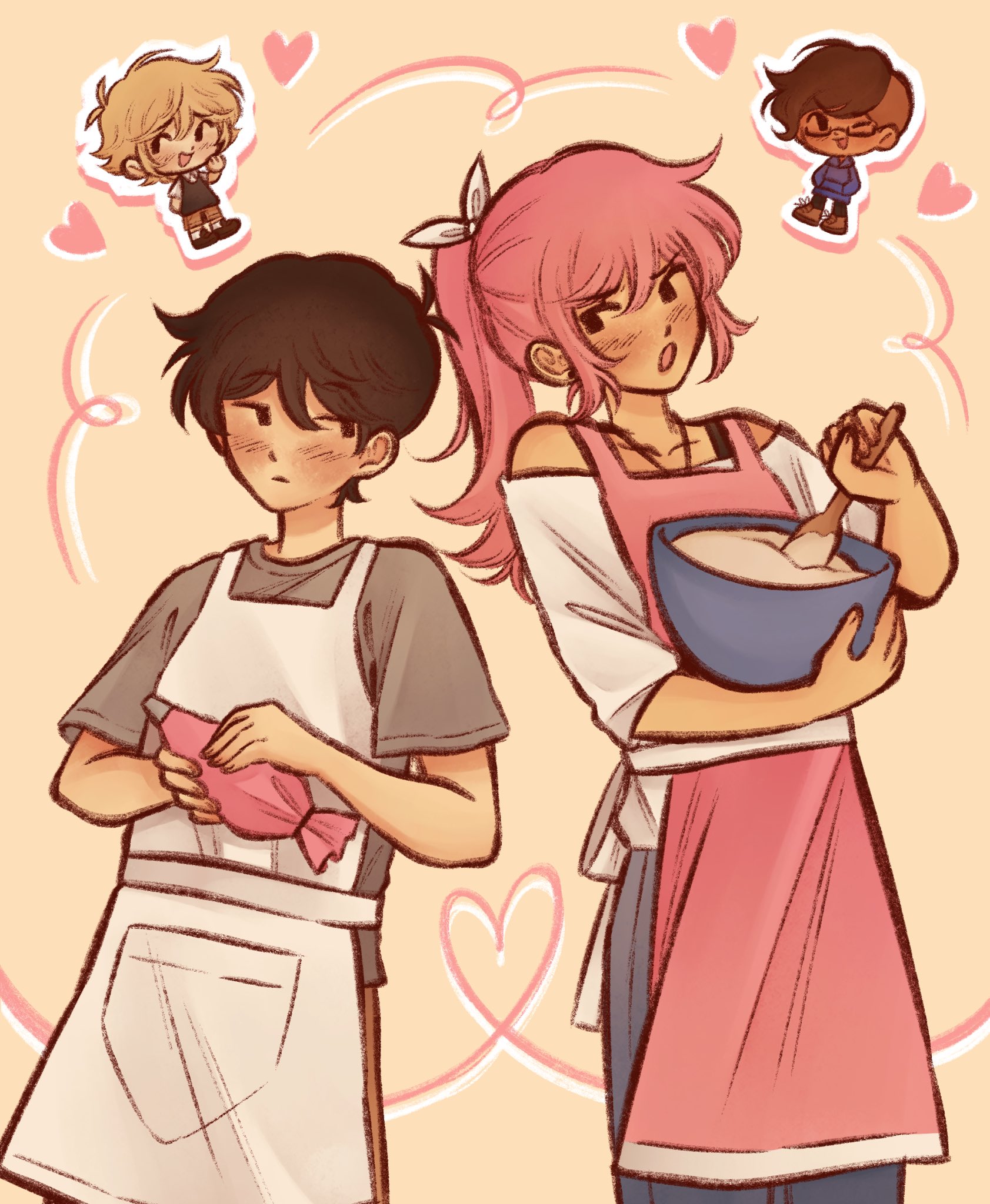 ginakusgf, aubrey (faraway) (omori), aubrey (omori), basil (faraway) (omori), basil (omori), kim (omori), sunny (omori), omori, highres, 1boy, 1girl, alternate costume, alternate eye color, alternate hairstyle, apron, black eyes, black hair, bowl, brown shorts, closed mouth, denim, double-parted bangs, grey shirt, hair ribbon, holding, holding bowl, jeans, looking at another, mixing bowl, off-shoulder shirt, off shoulder, open mouth, pants, pink hair, ponytail, ribbon, shirt, short hair, short sleeves, shorts, t-shirt, white apron, white ribbon, white shirt, yaoi, yuri
