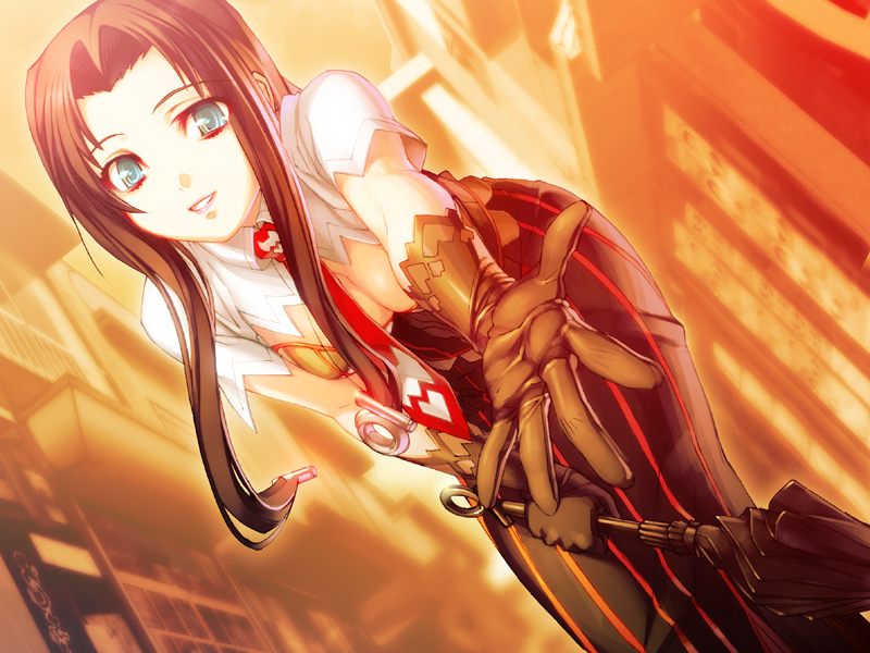 nishii (damnedrive), diddy (jingai makyou), nazo no shoujo, jingai makyou, nitroplus, striped, game cg, 1girl, black hair, breasts, cleavage, dutch angle, female focus, gloves, green eyes, large breasts, leaning forward, long hair, outstretched arm, outstretched hand, pov, reaching, smile, solo, umbrella