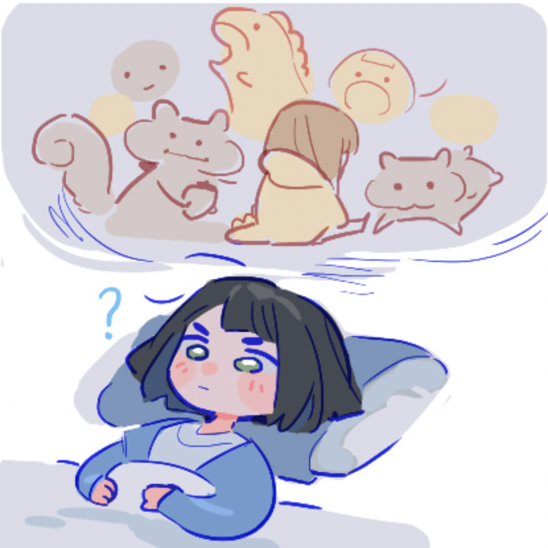 pipi (m1x mix), kachimachi kosuzu, momose ginko, momose ginko (summer loungewear), link! like! love live!, love live!, commentary, symbol-only commentary, . ., 2girls, :i, :o, :|, ?, animalization, black hair, blue cardigan, blunt bangs, blunt ends, bob cut, brown hair, cardigan, closed mouth, dinosaur, dinosaur tail, fake tail, hamster, head on pillow, hood, hoodie, imagining, kachimachi kosuzu (sega lucky lottery sleepwear), long hair, lying, multiple girls, multiple views, official alternate costume, on back, open cardigan, open clothes, pillow, puffy cheeks, short hair, tail, v-shaped eyebrows, virtual youtuber, yellow hoodie