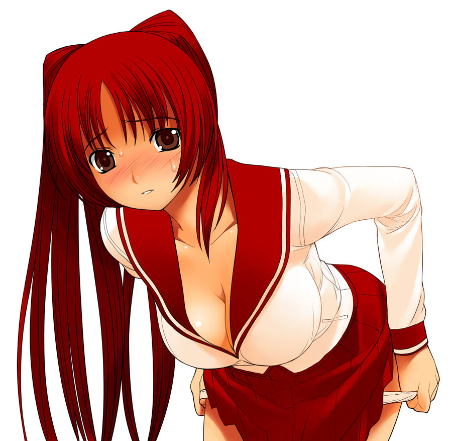 a1 (initial-g), kousaka tamaki, to heart (series), to heart 2, 00s, blush, breasts, brown eyes, cleavage, large breasts, long hair, panties, panty pull, pleated skirt, red hair, school uniform, serafuku, skirt, solo, sweat, underwear, undressing, white panties