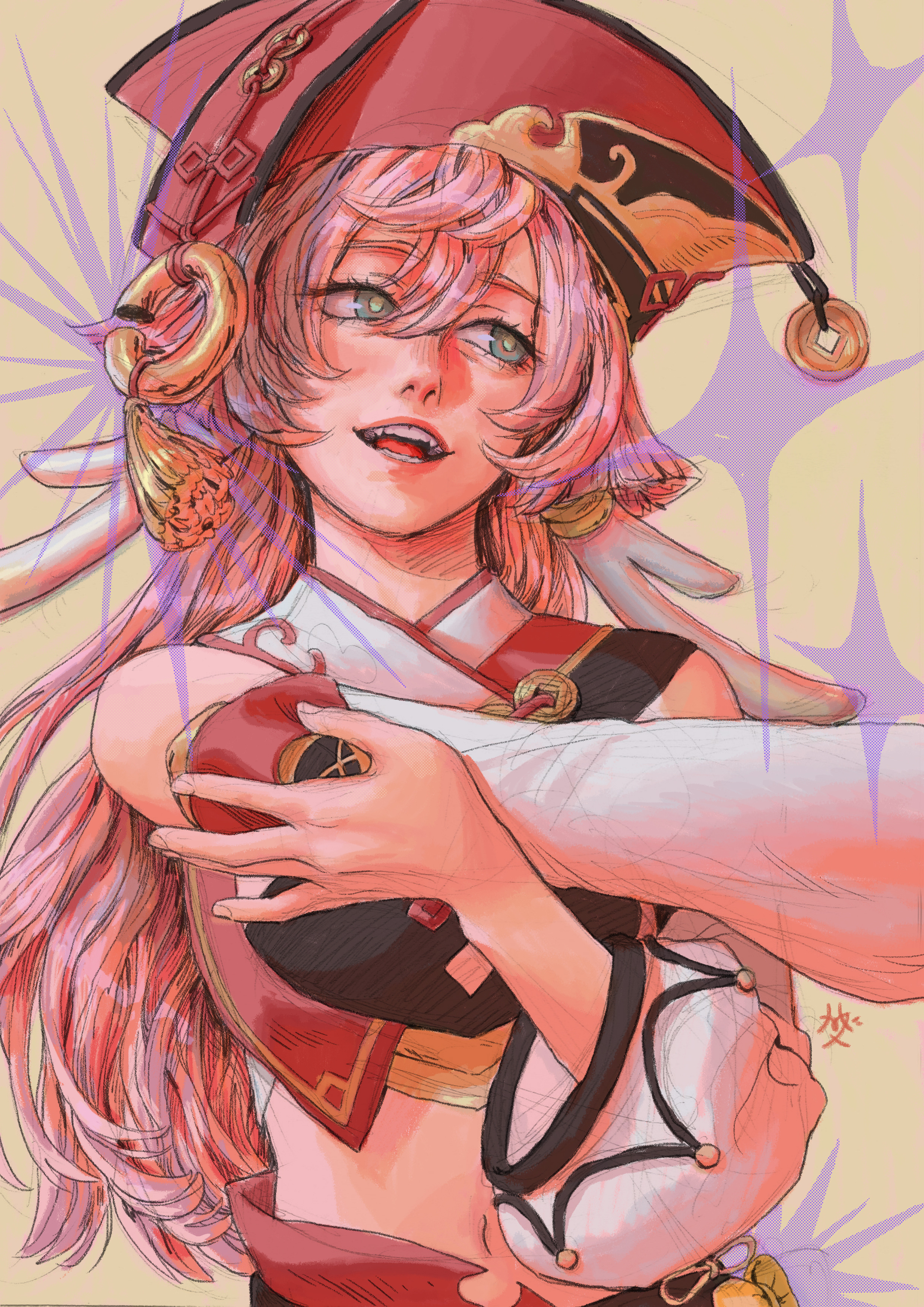 desapyr, yanfei (genshin impact), genshin impact, absurdres, highres, 1girl, antlers, aqua eyes, chinese clothes, crop top, detached sleeves, hair between eyes, hat, horns, long hair, looking to the side, midriff, nostrils, open mouth, pink hair, pink theme, red hat, red skirt, skirt, sleeveless, sparkle, tassel, teeth, tsurime, upper body, xiezhi guan, yellow background