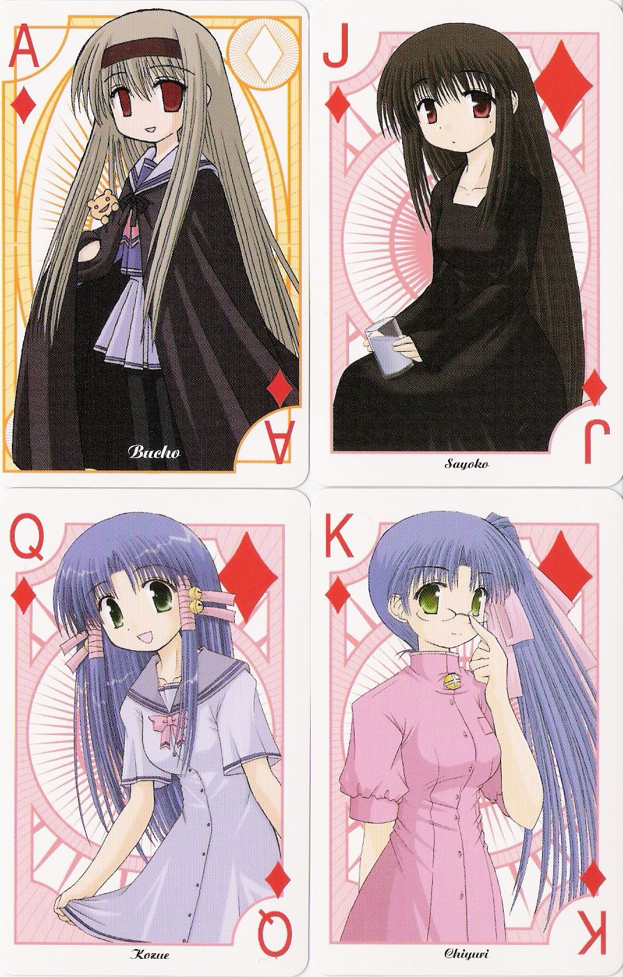 aoba kozue, buchou, kurosaki sayoko, midorikawa chiyuri, mahoraba, highres, 00s, 4girls, ace (playing card), ace of diamonds, card, card (medium), diamond (shape), jack (playing card), jack of diamonds, king (playing card), king of diamonds, multiple girls, pantyhose, playing card, queen (playing card), queen of diamonds