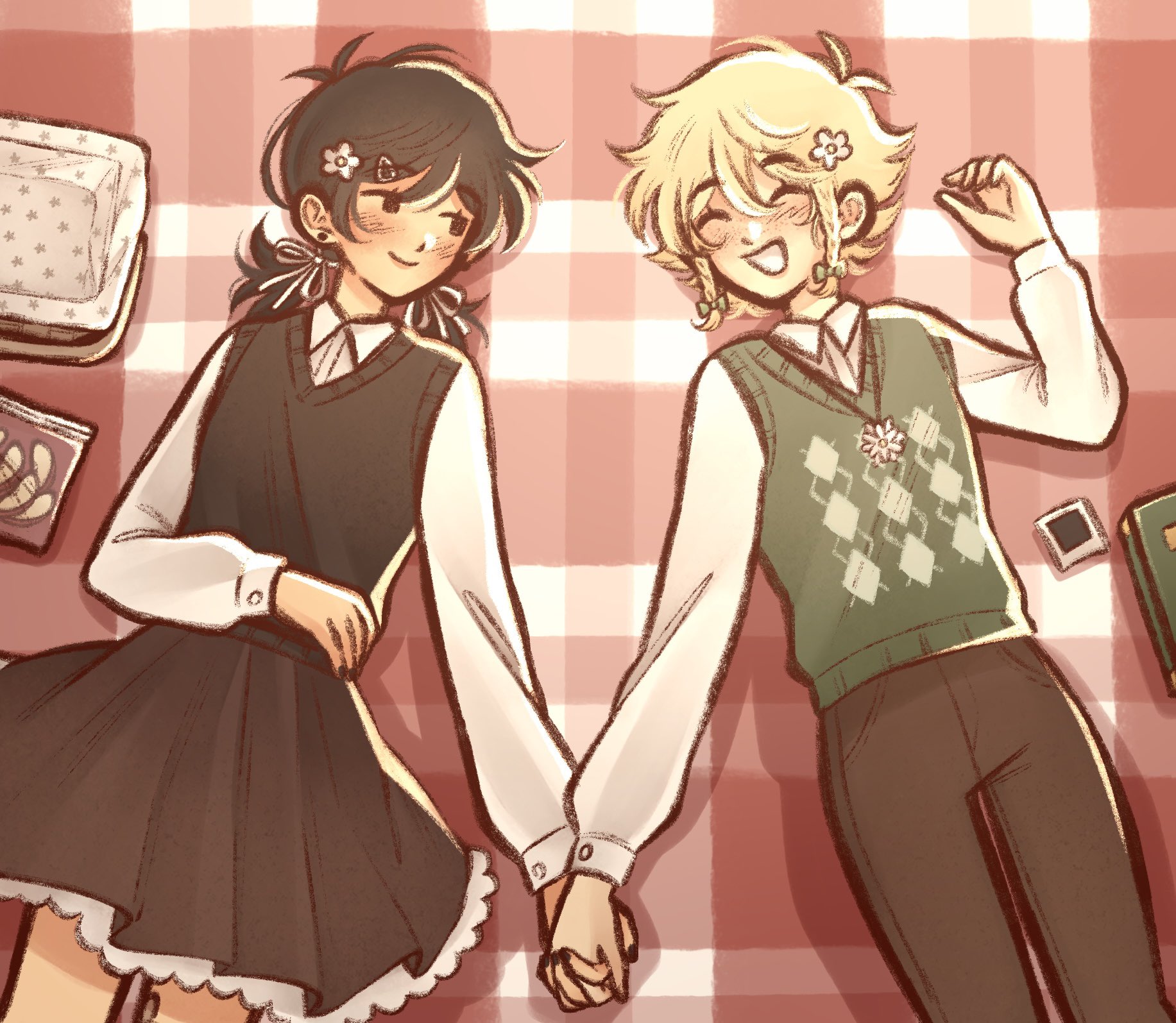 ginakusgf, basil (faraway) (omori), basil (omori), sunny (omori), omori, highres, 2girls, ^ ^, alternate costume, antenna hair, black nails, black skirt, blush, bow, braid, brown pants, closed eyes, closed mouth, collared shirt, ear piercing, flower, genderswap, genderswap (mtf), green bow, green sweater vest, hair bow, hair flower, hair ornament, hair ribbon, hairclip, holding hands, long sleeves, low twintails, lying, medium hair, multiple girls, on back, open mouth, pants, photo (object), piercing, ribbon, shirt, short hair, short twintails, skirt, smile, sweater vest, twin braids, twintails, white ribbon, white shirt, yuri