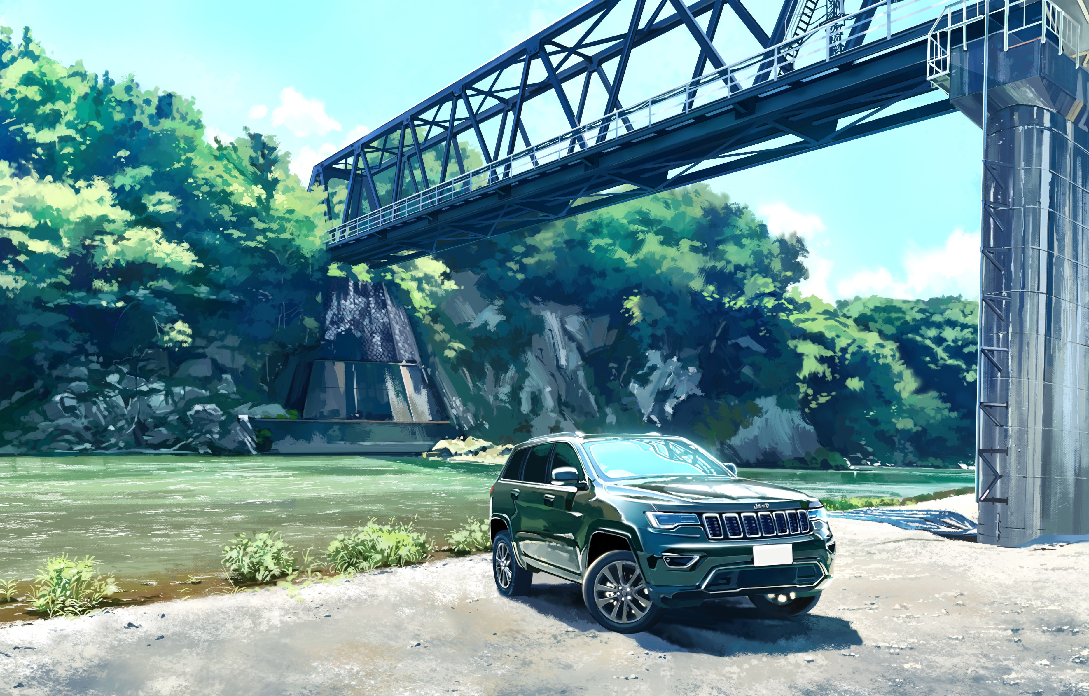 karasu (hageabura-jr), original, absurdres, highres, vehicle request, car, day, ladder, license plate, motor vehicle, no humans, pillar, river, riverbank, rock, scenery, shadow, steel beam, sunlight, tree, truss, truss bridge, water