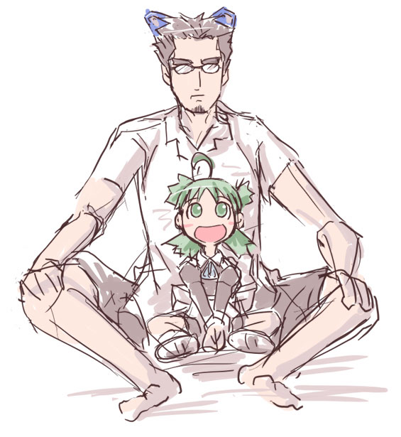2k-kun, 2k-tan, jumbo, koiwai yotsuba, me-tan, os-tan, yotsubato!, 1boy, 1girl, 2k-kun (cosplay), child, cosplay, crossover, green hair, long sleeves, me-tan (cosplay), me (cosplay), parody, quad tails, sketch