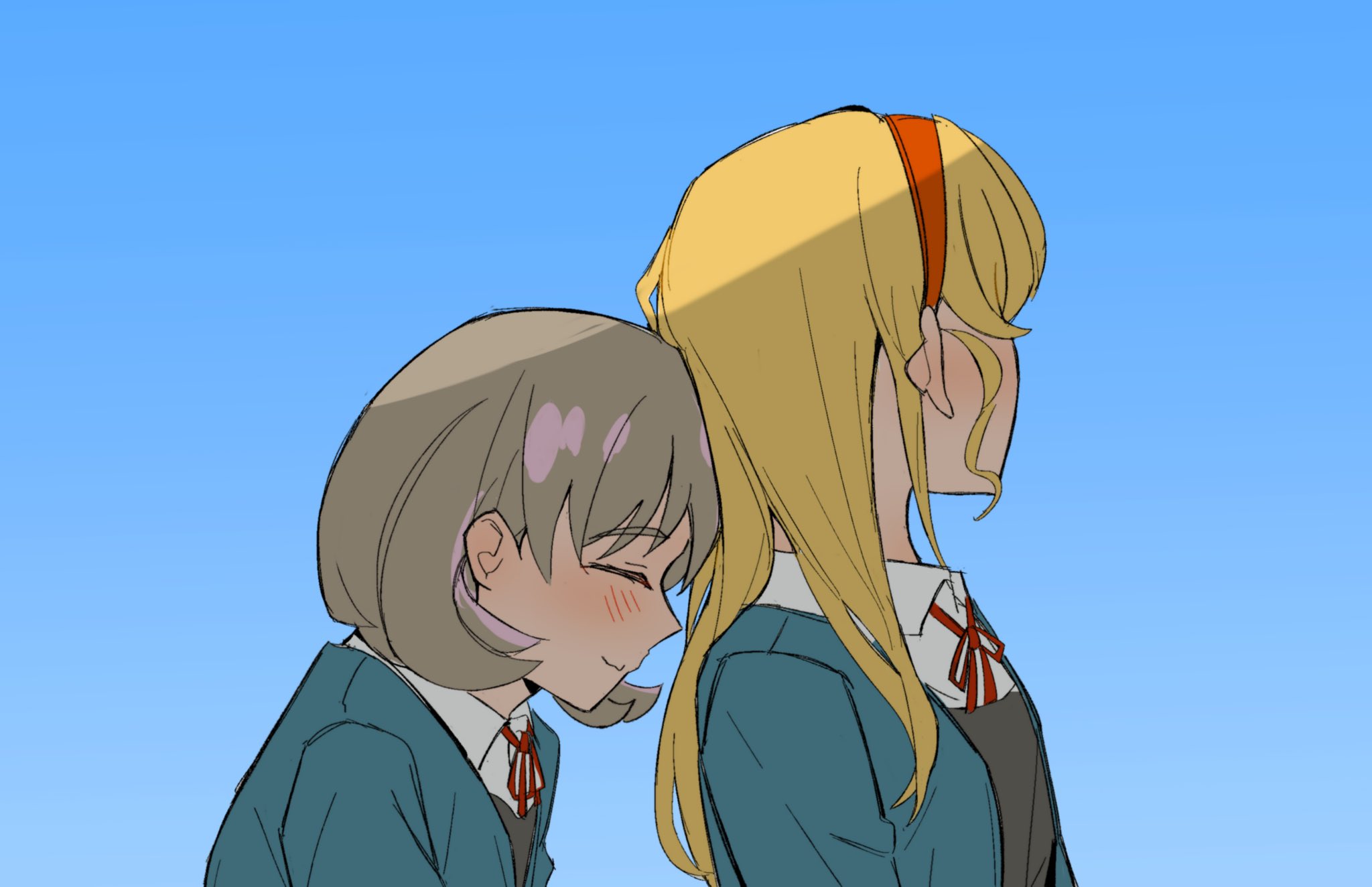heanna sumire, tang keke, love live!, love live! superstar!!, commentary request, highres, 2girls, black vest, blonde hair, blue background, blue cardigan, blush, brown hair, cardigan, closed eyes, closed mouth, facing away, from side, hairband, leaning forward, long hair, midori greendog, multiple girls, neck ribbon, open cardigan, open clothes, red hairband, red ribbon, ribbon, school uniform, shirt, short hair, smile, straight hair, turning head, upper body, vest, white shirt, yuigaoka school uniform, yuri