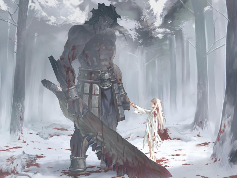 takeuchi takashi, heracles (fate), illyasviel von einzbern, fate/stay night, fate (series), duplicate, game cg, 00s, 1boy, 1girl, manly, size difference, snow, sword, weapon