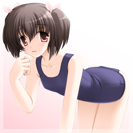 yuzuhara konomi, to heart (series), to heart 2, 00s, bent over, brown hair, one-piece swimsuit, ribbon, school swimsuit, short twintails, solo, swimsuit, twintails