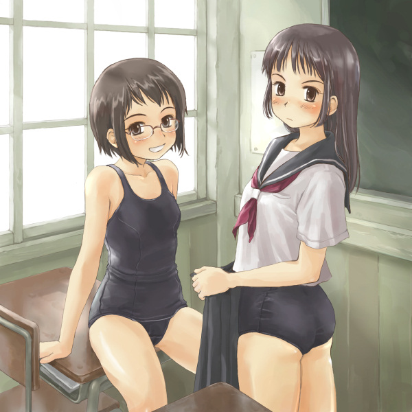 simon (kappa no kawanagare), 2girls, black one-piece swimsuit, blush, chair, classroom, desk, female focus, glasses, looking at viewer, multiple girls, no pants, one-piece swimsuit, pleated skirt, school, school swimsuit, school uniform, serafuku, skirt, swimsuit, swimsuit under clothes