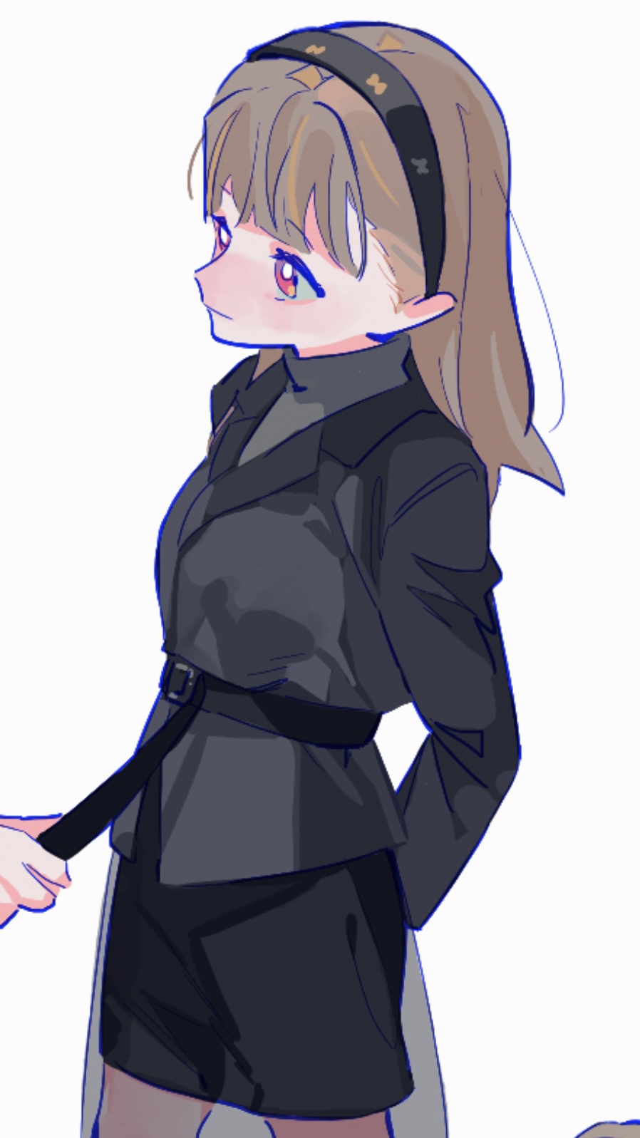pipi (m1x mix), kachimachi kosuzu, momose ginko, link! like! love live!, love live!, zozotown, commentary, highres, 2girls, belt, belt around waist, belt grab, black hairband, black jacket, black skirt, center-flap bangs, clothes grab, grey sweater, hairband, jacket, long belt, long hair, long sleeves, looking at another, miniskirt, multiple girls, official alternate costume, out of frame, overskirt, pencil skirt, red eyes, see-through clothes, see-through skirt, skirt, solo focus, suit jacket, sweater, turtleneck, turtleneck sweater, virtual youtuber