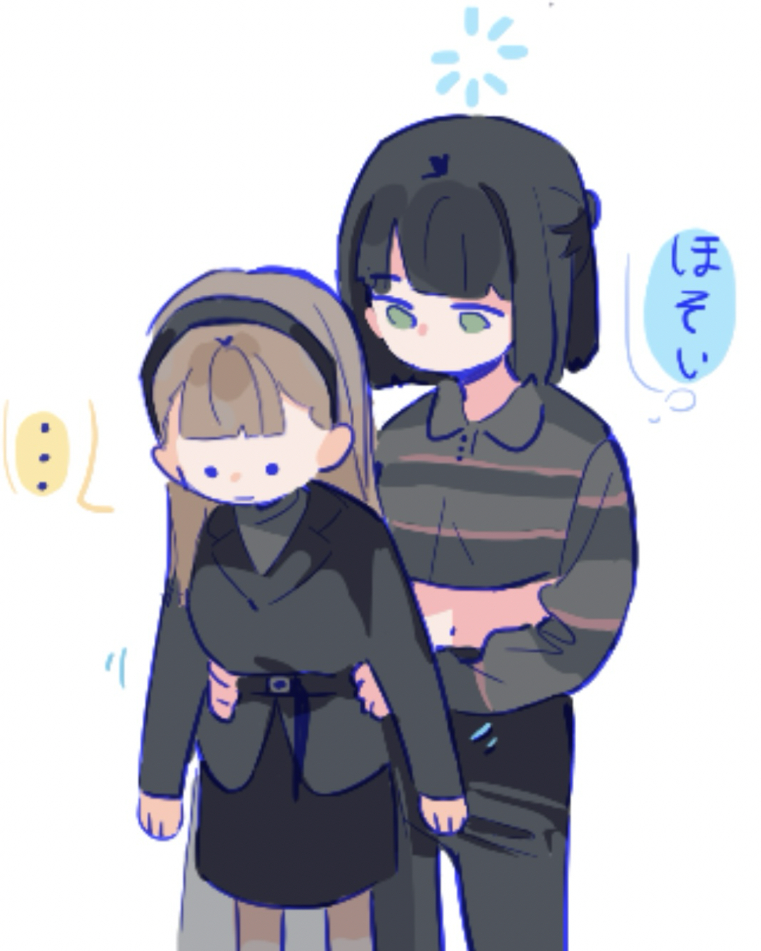 pipi (m1x mix), kachimachi kosuzu, momose ginko, link! like! love live!, love live!, zozotown, commentary, highres, …, . ., 2girls, black hair, black hairband, black jacket, black pants, black skirt, black sweater, center-flap bangs, colored speech bubble, cowboy shot, crop top, cropped shirt, green eyes, hairband, half updo, hands on another's hips, jacket, light smile, loading icon, long hair, long sleeves, midriff, miniskirt, multiple girls, official alternate costume, pants, pencil skirt, polo shirt, shirt, simple background, skirt, speech bubble, spoken ellipsis, striped clothes, striped shirt, suit jacket, sweater, thought bubble, turtleneck, turtleneck sweater, virtual youtuber, white background