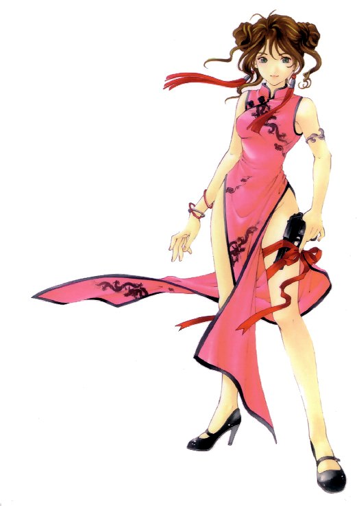 armlet, brown hair, china dress, chinese clothes, double bun, dress, gun, hair bun, handgun, jewelry, pistol, solo, weapon