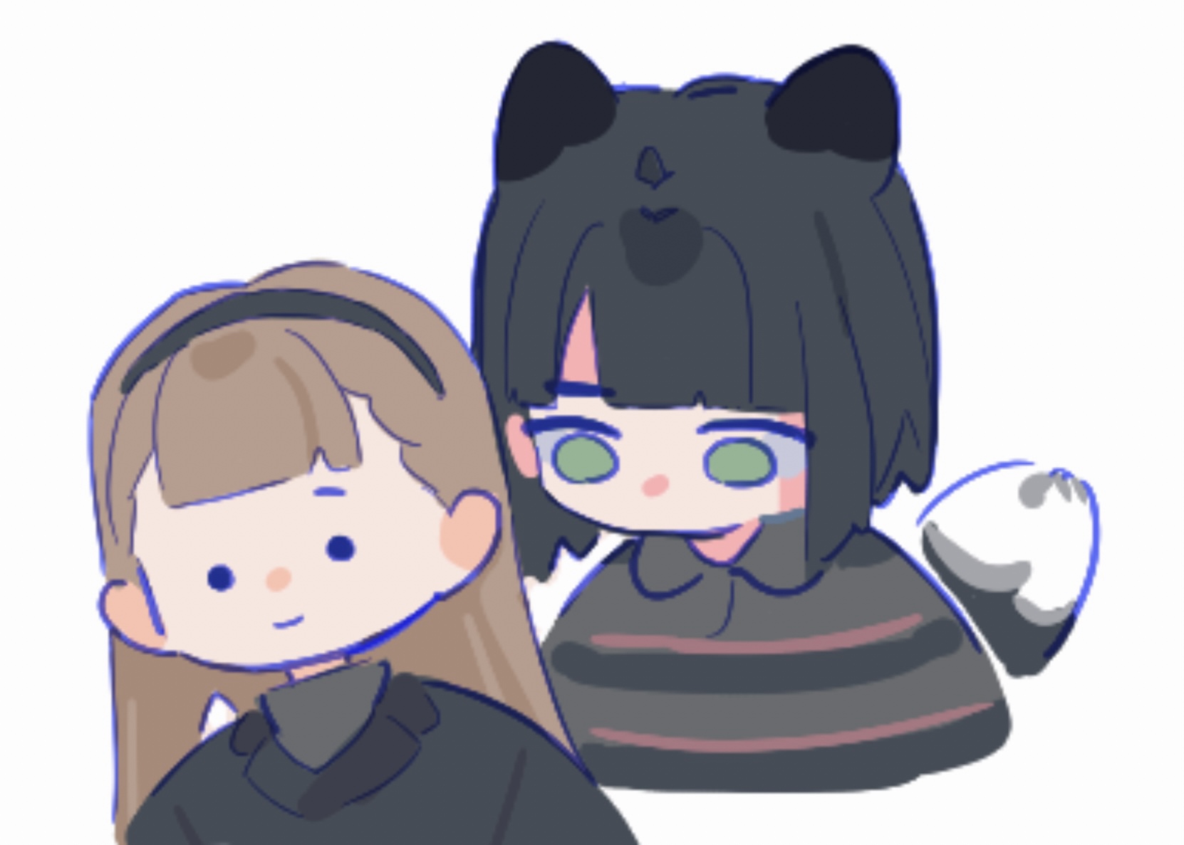 pipi (m1x mix), kachimachi kosuzu, momose ginko, link! like! love live!, love live!, zozotown, commentary, highres, . ., 2girls, animal ears, black hair, black hairband, black jacket, blunt bangs, brown hair, center-flap bangs, closed mouth, collared shirt, fox ears, fox girl, fox tail, hairband, jacket, kemonomimi mode, long hair, looking at another, multiple girls, no mouth, official alternate costume, polo shirt, shirt, simple background, smile, striped clothes, striped shirt, suit jacket, tail, virtual youtuber, white background