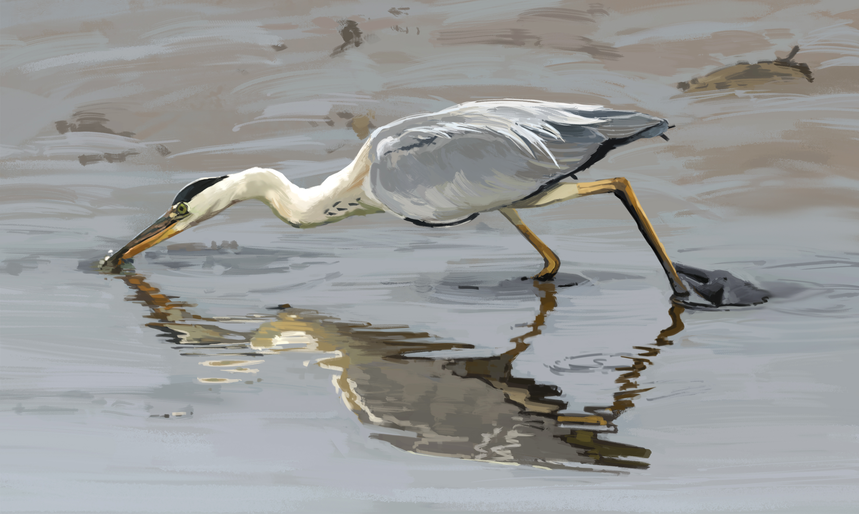 karasu (hageabura-jr), original, highres, painting (medium), traditional media, animal, animal focus, bird, egret (animal), looking to the side, mud, no humans, reflection, reflective surface, shallow water, water