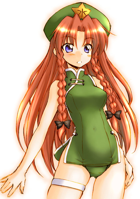 hirasaka makoto, hong meiling, touhou, 1girl, adapted costume, blue eyes, blush, bow, braid, china dress, chinese clothes, dress, female focus, green one-piece swimsuit, hair bow, hat, long hair, nontraditional school swimsuit, one-piece swimsuit, purple eyes, red hair, school swimsuit, solo, star (symbol), swimsuit, thigh strap, twin braids, very long hair