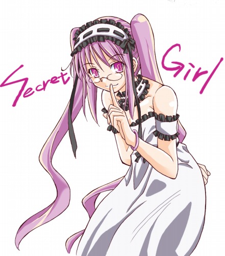 mizutani hozumi, euryale (fate), stheno (fate), fate/hollow ataraxia, fate/stay night, fate (series), lowres, 00s, 1girl, arm behind back, bare shoulders, female focus, finger to mouth, glasses, long hair, purple eyes, purple hair, solo, twintails, very long hair