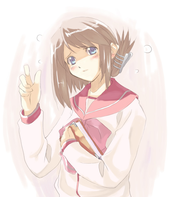 kabocha, kabocha (monkey4), komaki manaka, to heart (series), to heart 2, 00s, 1girl, blue eyes, blush, book, brown hair, female focus, folded ponytail, head tilt, long sleeves, school uniform, serafuku, solo, upper body