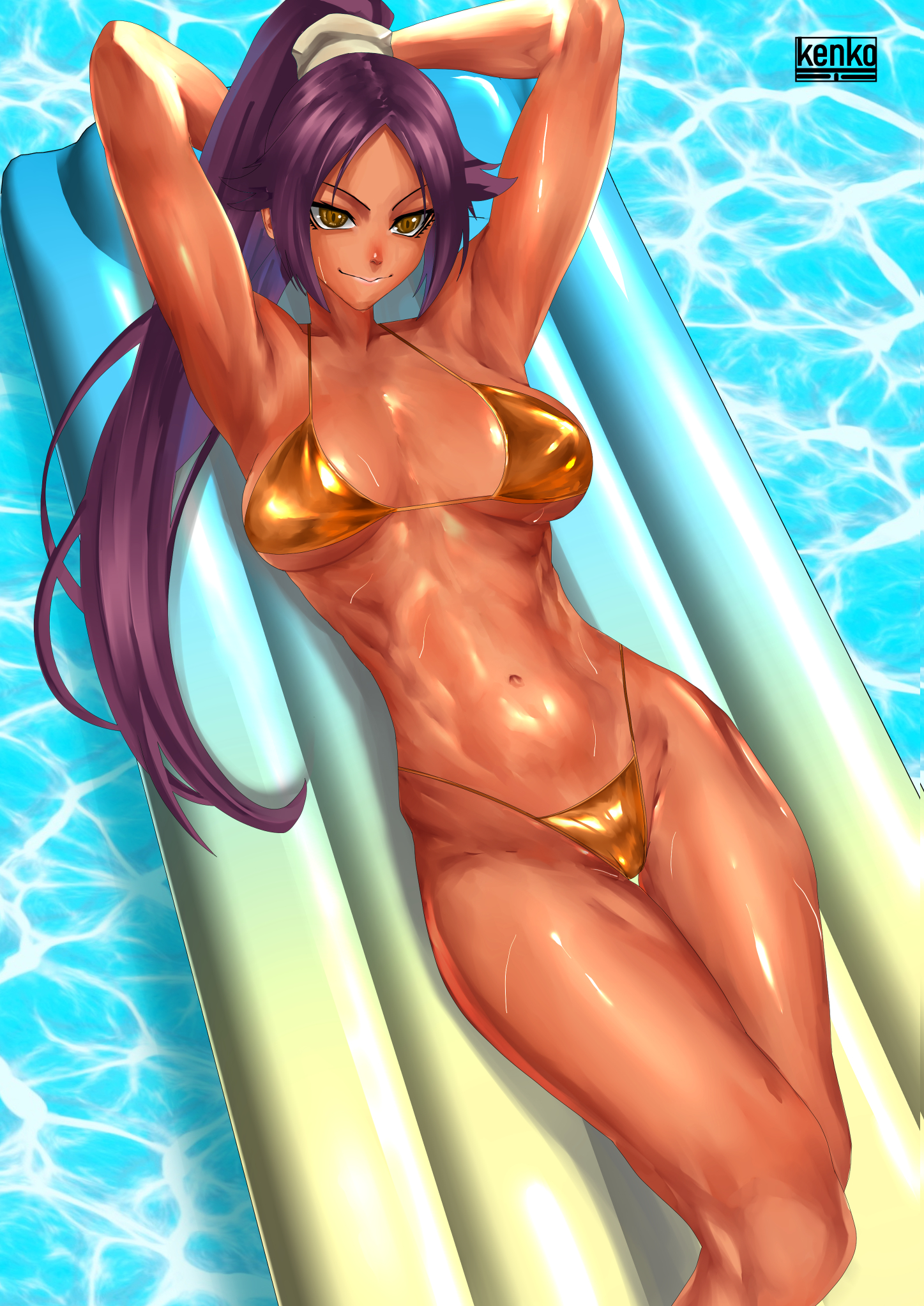 talkative0841, shihouin yoruichi, bleach, highres, 1girl, armpit crease, armpits, arms behind head, artist name, bikini, breasts, collarbone, dark-skinned female, dark skin, female focus, hair ornament, large breasts, long hair, navel, parted bangs, ponytail, pool, purple hair, shiny skin, smile, swimsuit, toned, toned female, water, wet, yellow eyes