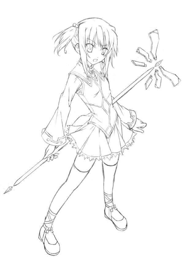 ryo (botugo), original, 1girl, female focus, greyscale, hair bobbles, hair ornament, monochrome, short twintails, simple background, solo, staff, thighhighs, twintails
