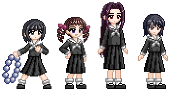 hosokawa kanako, kanina shizuka, matsudaira touko, nijou noriko, maria-sama ga miteru, lowres, 00s, 4girls, full body, multiple girls, pixel art, transparent background