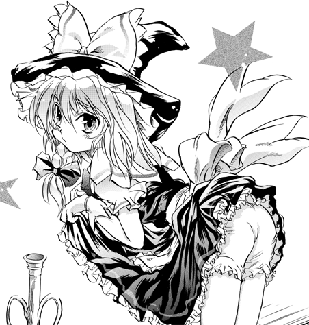 kirisame marisa, touhou, animated, animated gif, lowres, 1girl, blinking, bloomers, clothes lift, female focus, greyscale, hat, monochrome, skirt, skirt lift, solo, underwear, witch hat