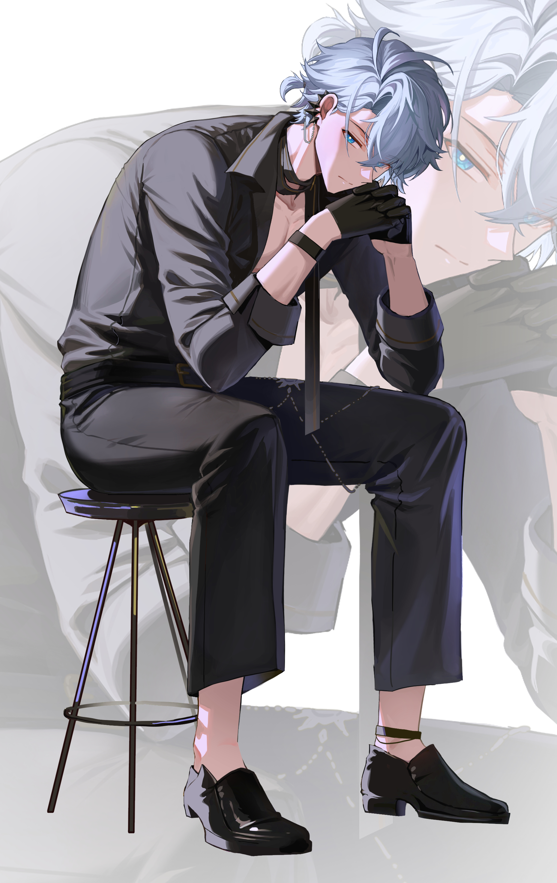 sugarcanedove, phainon (fashion) (honkai: star rail), phainon (honkai: star rail), honkai: star rail, honkai (series), absurdres, highres, 1boy, ahoge, antenna hair, belt, belt collar, black ankleband, black belt, black collar, black gloves, black pants, black shirt, black shoes, blue eyes, bracelet, chair, collar, collarbone, crossed bangs, curtained hair, dress shoes, ear ornament, earclip, elbows on thighs, full body, gloves, grey hair, hair over one eye, half gloves, jewelry, lapels, leaning forward, looking at viewer, low block heels, male focus, notched lapels, official alternate costume, on stool, open clothes, open shirt, own hands together, pants, pectoral cleavage, pectorals, ponytail, shirt, shoes, short hair, short ponytail, sitting, solo, stool, three-quarter sleeves, zoom layer