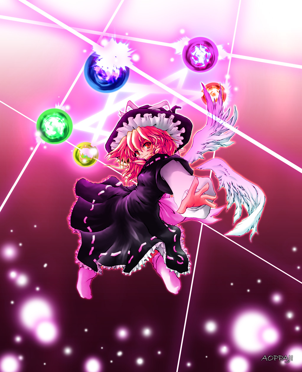 kirisame marisa, kirisame marisa (pc-98), kirisame marisa (seihou), seihou, shuusou gyoku, touhou, touhou (pc-98), highres, >:), 1girl, angel wings, black dress, blonde hair, dress, energy, female focus, flying, frilled dress, frills, from below, gradient background, hat, hat ribbon, looking at viewer, looking down, messy hair, orb, purple background, reaching, reaching towards viewer, red eyes, ribbon, smile, socks, solo, star (symbol), v-shaped eyebrows, white socks, wings, witch hat
