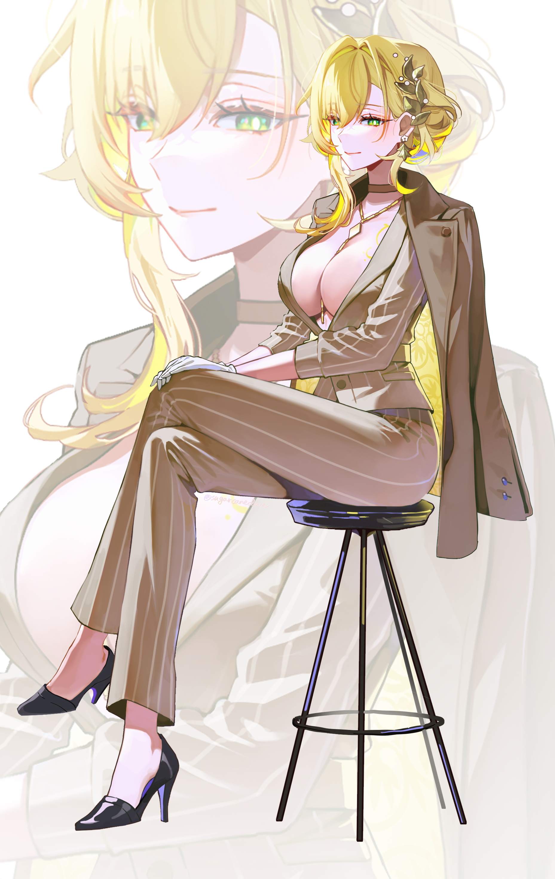 sugarcanedove, aglaea (fashion) (honkai: star rail), aglaea (honkai: star rail), honkai: star rail, honkai (series), absurdres, highres, revision, 1girl, asymmetrical sidelocks, blonde hair, breast tattoo, breasts, brown choker, brown jacket, brown pants, brown sash, brown shirt, chair, choker, cleavage, closed mouth, crossed legs, earrings, flower earrings, full body, gloves, gold necklace, gold tattoo, green eyes, hair intakes, high heels, jacket, jacket on shoulders, jewelry, lapels, large breasts, laurel crown, leaf earrings, long single sidelock, necklace, necklace between breasts, no bra, notched lapels, official alternate costume, on chair, on stool, open clothes, open shirt, pants, plunging neckline, shirt, short hair, sitting, smile, solo, stiletto heels, stool, striped clothes, striped pants, striped shirt, tattoo, three-quarter sleeves, two-sided fabric, two-sided jacket, vertical-striped clothes, vertical-striped pants, vertical-striped shirt, white background, white gloves, yellow jacket, zoom layer