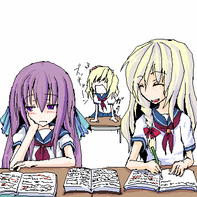 alice margatroid, kirisame marisa, patchouli knowledge, touhou, lowres, 3girls, alternate costume, blonde hair, book, braid, casual, female focus, multiple girls, oekaki, purple hair, school uniform, serafuku