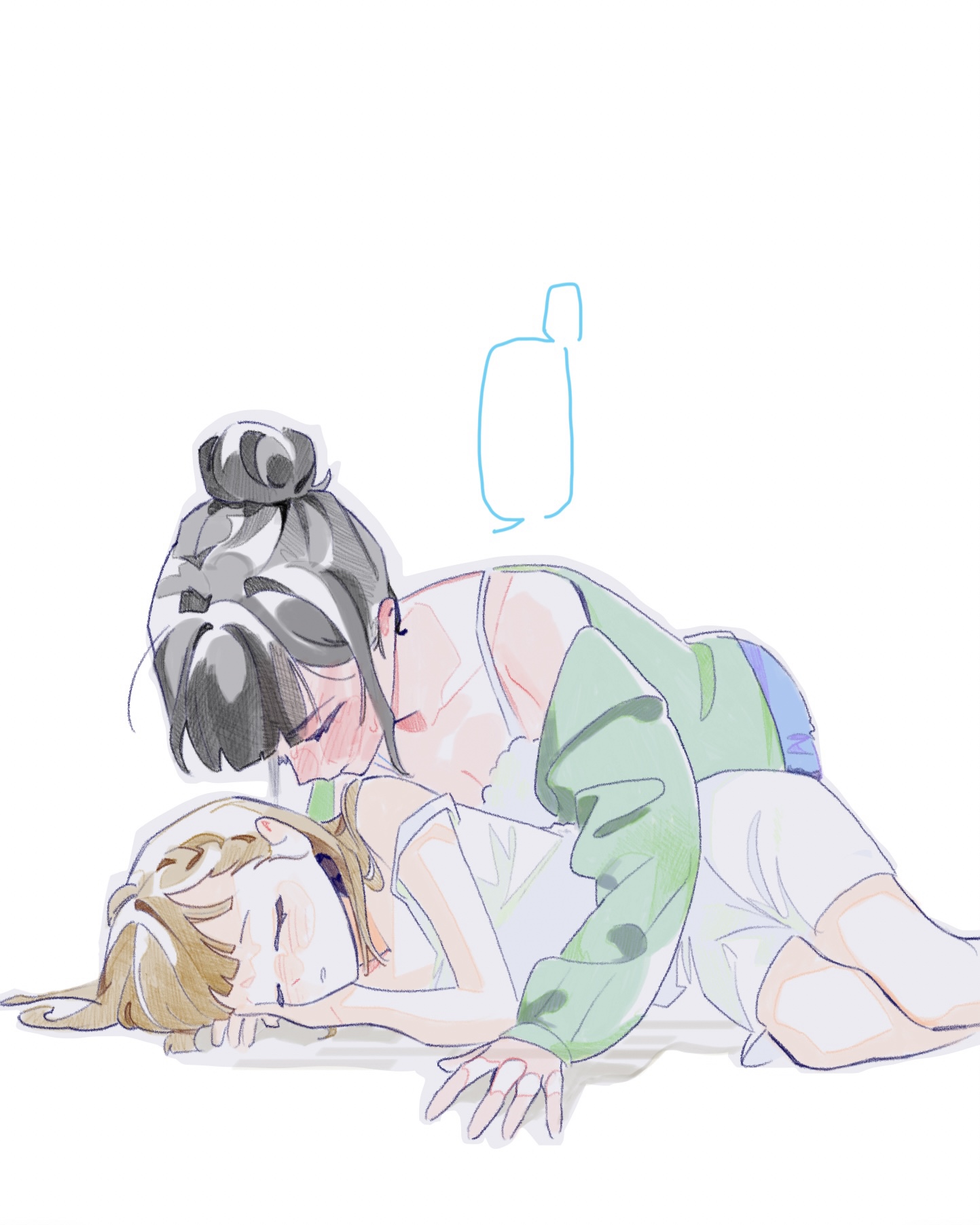 pipi (m1x mix), kachimachi kosuzu, momose ginko, momose ginko (ao no tsubame loungewear), link! like! love live!, love live!, commentary, highres, 2girls, bare shoulders, black hair, blank speech bubble, blue skirt, blush, braid, breasts, camisole, cardigan, center-flap bangs, cleavage, closed eyes, closed mouth, colored speech bubble, full-face blush, green cardigan, hair bun, kachimachi kosuzu (sleepover at ginko's), long sleeves, multiple girls, off shoulder, official alternate costume, open cardigan, open clothes, parted lips, see-through cardigan, see-through clothes, short hair, side braids, simple background, single hair bun, skirt, sleeping, speech bubble, strap slip, virtual youtuber, white background, white camisole, yuri