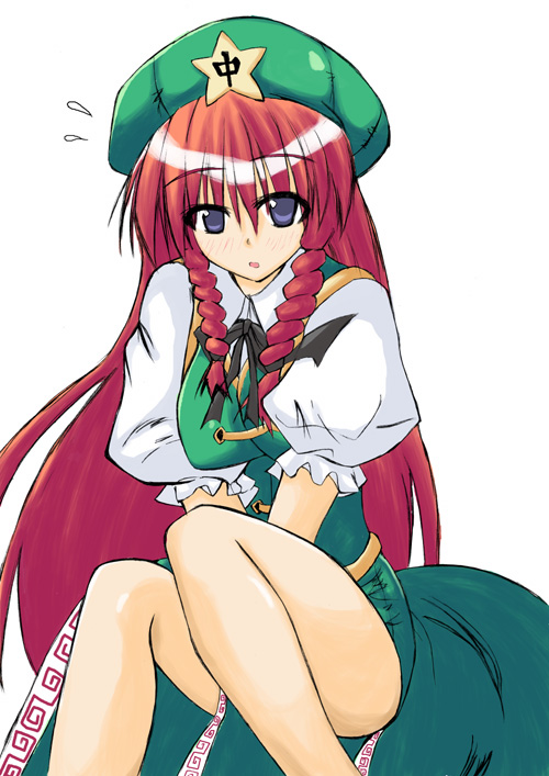 hong meiling, embodiment of scarlet devil, touhou, 1girl, black ribbon, blue eyes, blush, bow, braid, breasts, china dress, chinese clothes, dress, female focus, hair bow, hat, large breasts, long hair, open mouth, red hair, ribbon, sitting, solo, star (symbol), twin braids, v arms