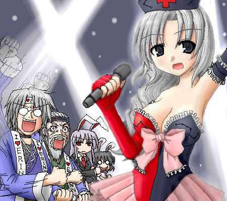 inaba tewi, konpaku youki, morichika rinnosuke, reisen udongein inaba, yagokoro eirin, touhou, silver hair, artist request, lowres, >:d, >:|, 2boys, 3girls, :d, :|, adapted costume, animal ears, arm up, black hair, blazer, bow, breasts, cleavage, clenched hands, closed mouth, corset, elbow gloves, gloves, hachimaki, hat, headband, idol, jacket, japanese clothes, long hair, looking at viewer, medium breasts, microphone, miniskirt, motion blur, multiple boys, multiple girls, music, necktie, nurse cap, o o, oekaki, open mouth, oppai oppai, pink bow, pleated skirt, purple hair, rabbit ears, sash, singing, skirt, smile, spotlight, sweatdrop, tasukete eirin, v-shaped eyebrows