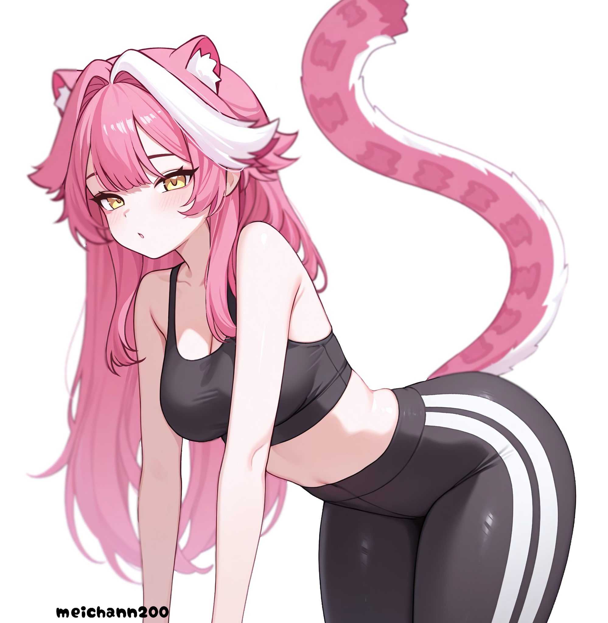 meichan, raora panthera, hololive, hololive english, highres, 1girl, animal ears, artist name, black pants, black sports bra, breasts, cleavage, large breasts, panther ears, panther girl, panther tail, pants, pink hair, simple background, solo, sports bra, symbol-shaped pupils, tail, virtual youtuber, white background, white streaks, yellow eyes, yoga pants